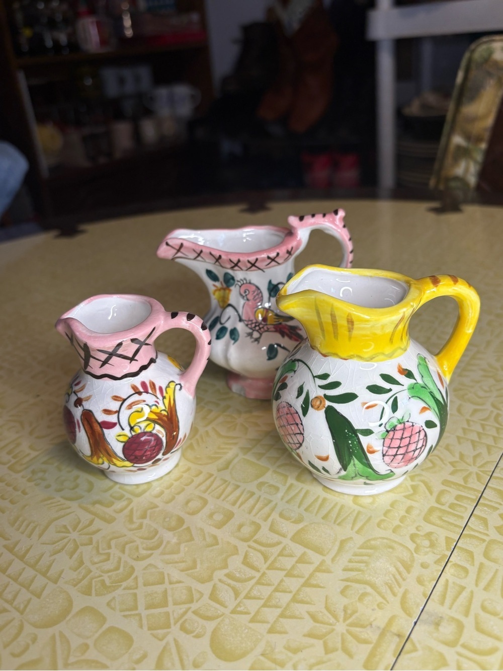 Vintage Hand-Painted Ceramic Mini Pitcher Trio — Pink & Yellow Accent Jugs